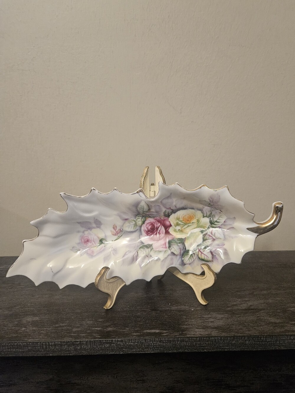 Vintage Arnart Japan Hand Painted Porcelain Rose Leaf Trinket Dish